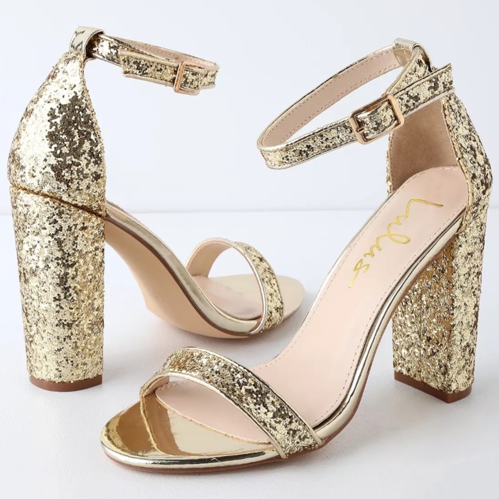 Lulu’s Taylor Glitter Gold Ankle Strap Heels
